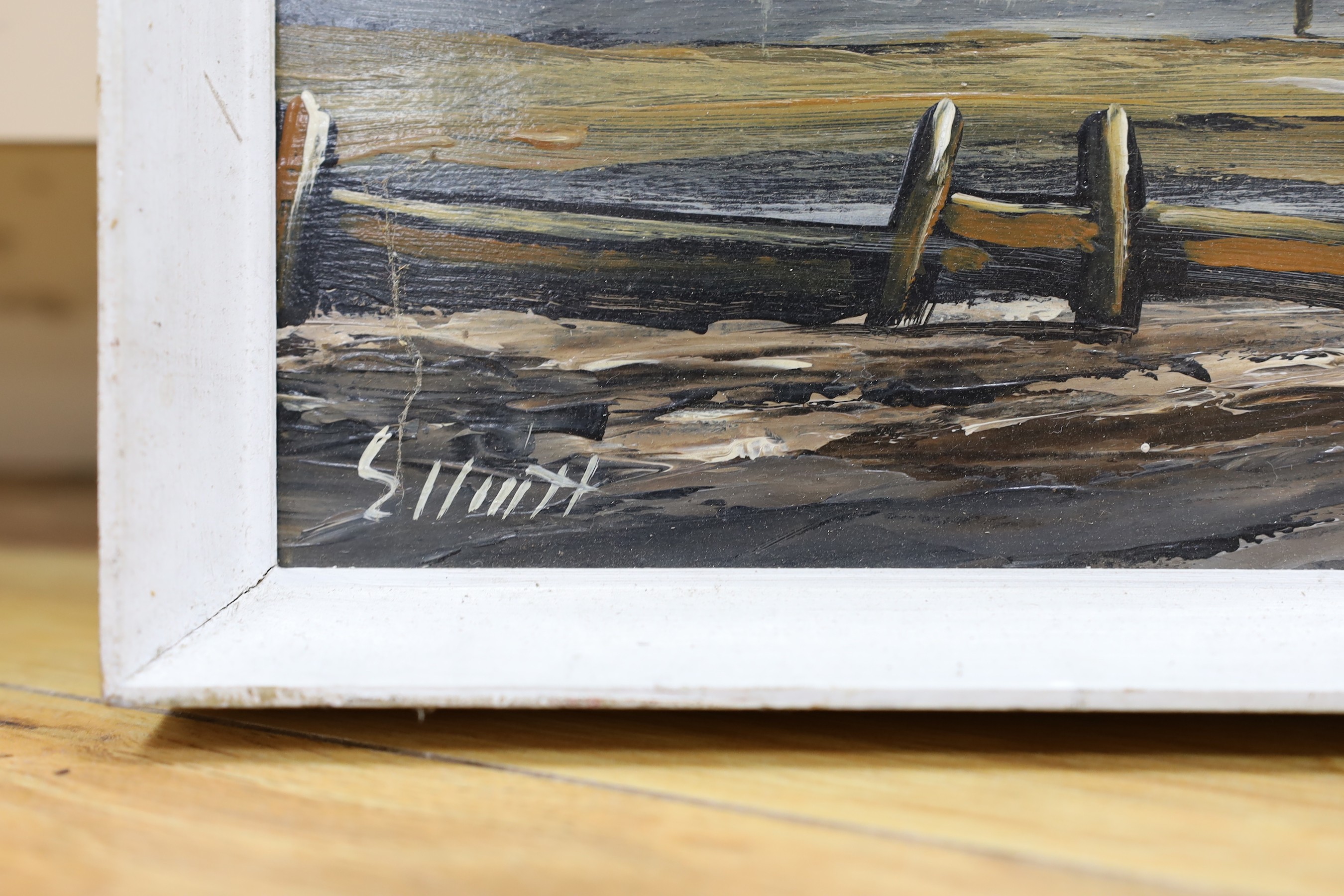 Edward Elliott (b.1918), oil on board, Estuary at low tide, signed, 19 x 60cm